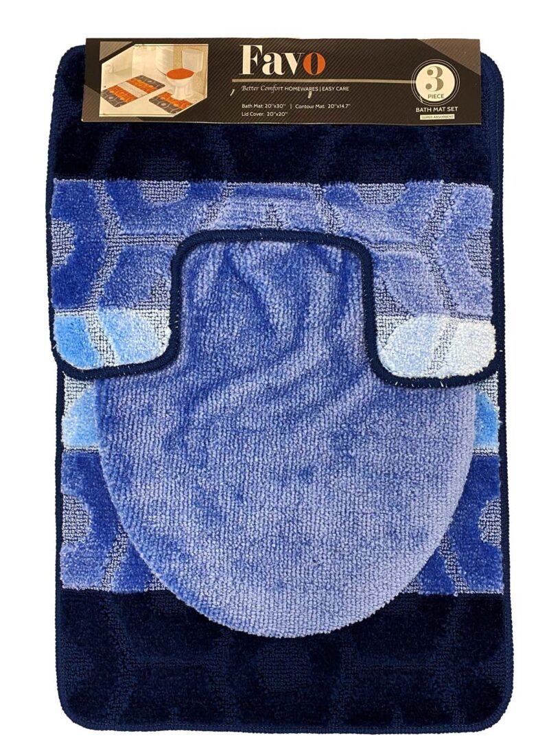 YassRug Elegant 3 Piece Favo Bath Rug Set - Blue